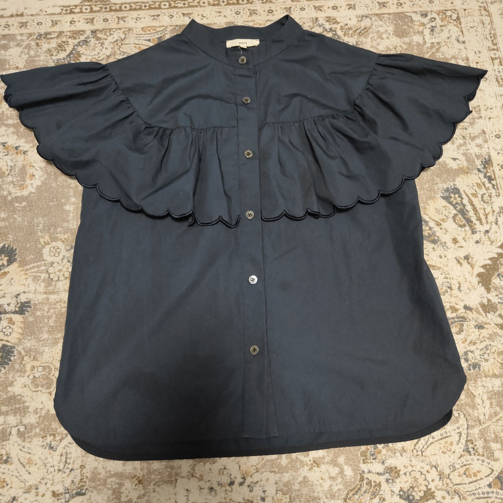 YORI ヨリ スカラップスリーブ ブラウス 36 ネイビー NAVY ウイングフリル レディース 古着 シャツ