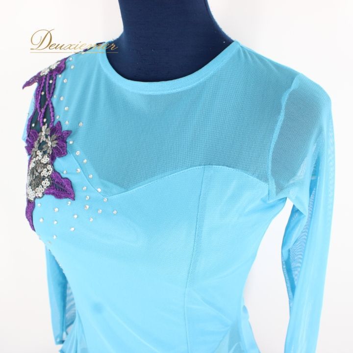 社交ダンス 衣装 ドレス ワンピース パーティ衣装 女性用 レディース オールシーズン 水色 ブルー系 Leirena レイリーナ ラインストーン スパンコール マルチ 二重仕立て スカート ステージ映え おしゃれ フェミニン 感