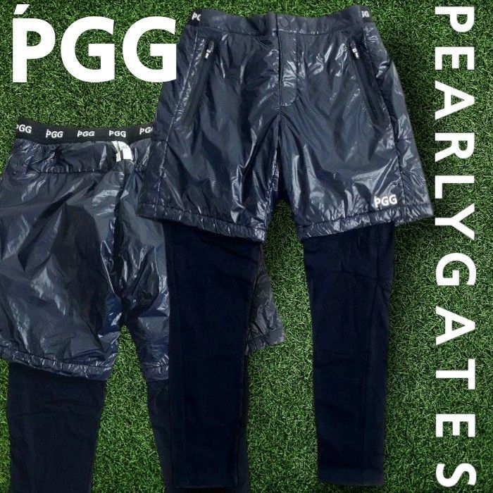 ピージージー パーリーゲイツ ゴルフ ナイロンタフタ 高通気フリース 裏メッシュ フェイクレイヤード 異素材コンビ ツートン ストレッチ パンツ ゴルフウェア 268-2131001 定価2.8万 ネイビー ネイビーブラック 031 51104w03