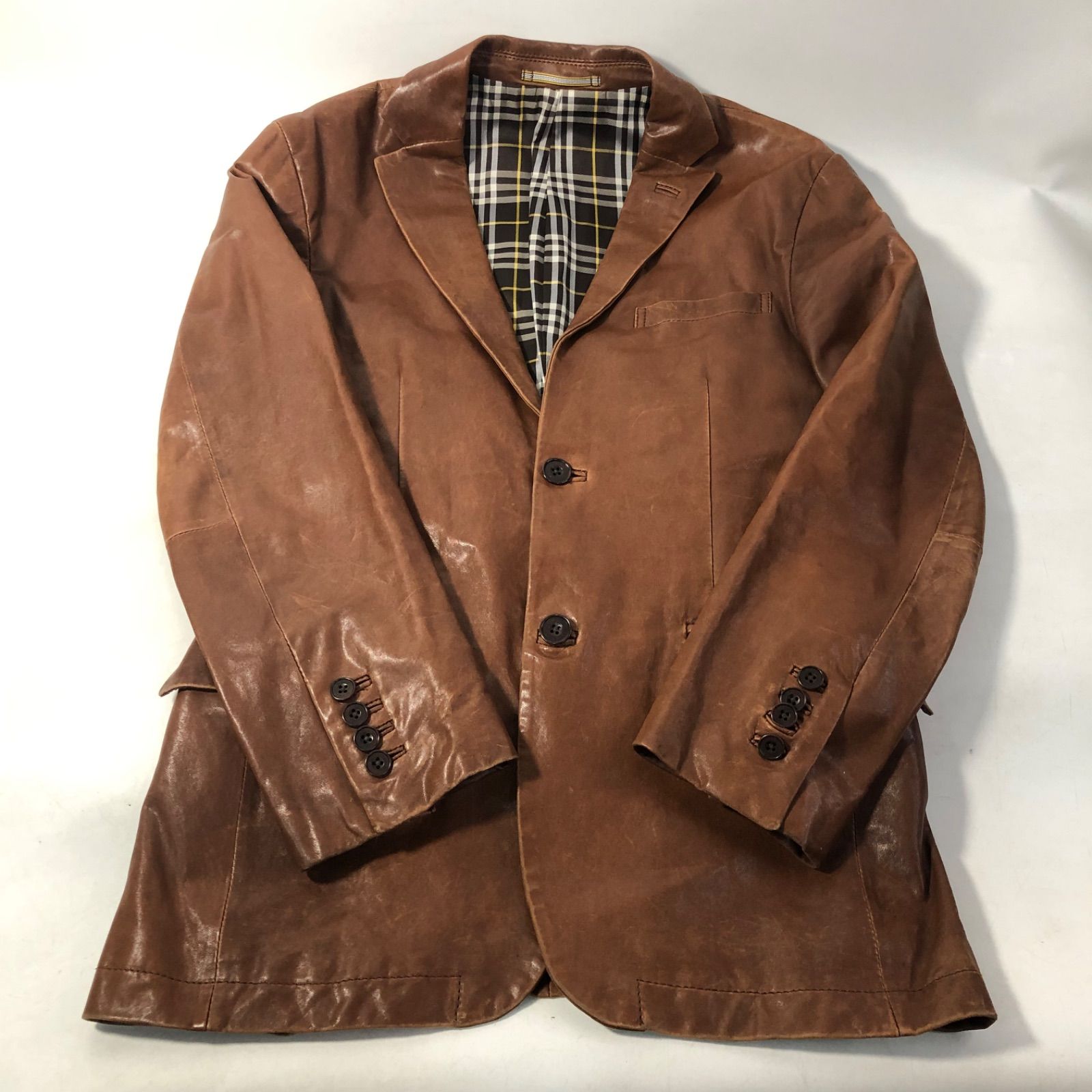 A1107-21-5 BURBERRY BLACK LABEL バーバリーブラックレーベル メンズ ラムレザージャケット レザーテーラードジャケット ノバチェックライナー シングル サイドベンツ 子羊革 本革 茶色 sizeS BME73-708-56