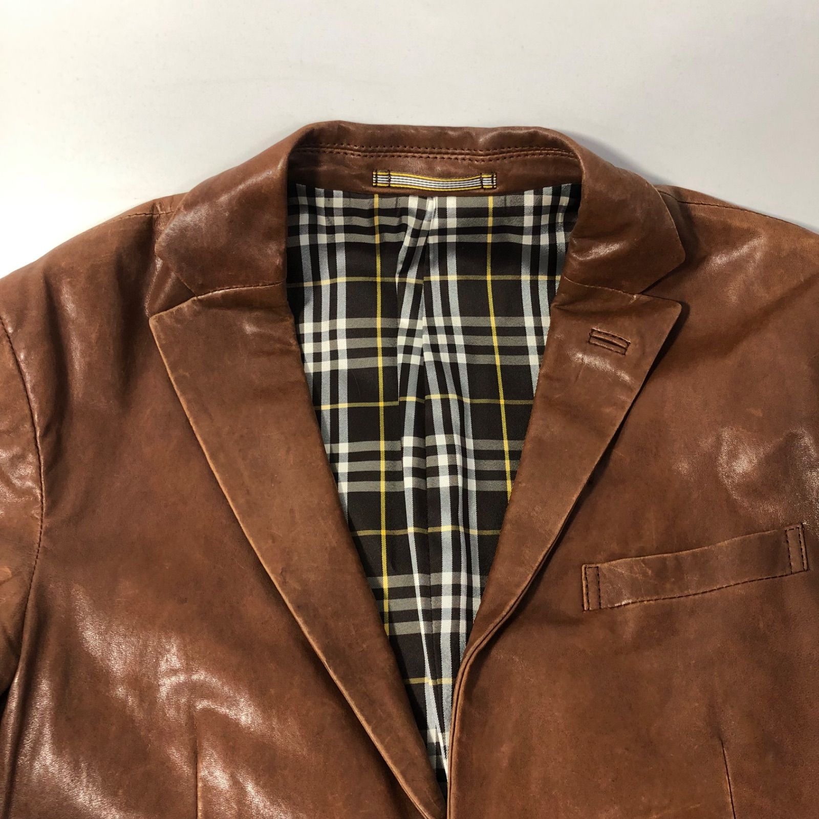 A1107-21-5 BURBERRY BLACK LABEL バーバリーブラックレーベル メンズ ラムレザージャケット レザーテーラードジャケット ノバチェックライナー シングル サイドベンツ 子羊革 本革 茶色 sizeS BME73-708-56