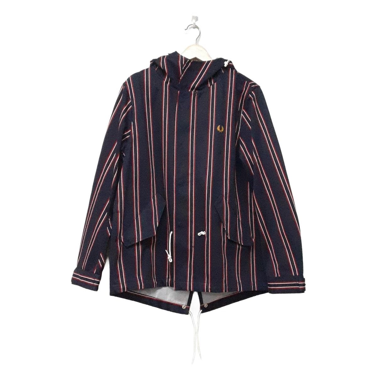 フレッドペリー コート サイズL レディース - ダークネイビー×ボルドー×白 長袖 ストライプ ジップアップ フード付き 秋 冬