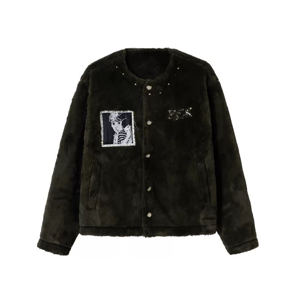 h 美式ヴィンテージ 小众デザイン ふわもこ×ビーズ加工 マンガパッチ ダウン風中綿ジャケット ユニセックス 冬用 防寒アウター