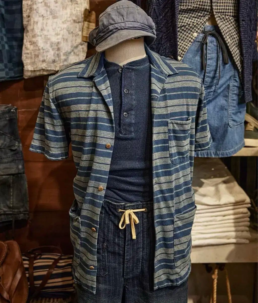 RRL インディゴ ストライプ ジャージ キャンプ シャツ ダブルアールエル