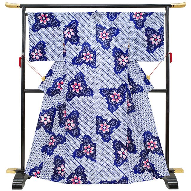 夏物 本場有松鳴海絞り 浴衣 有松 ゆかた 絞り 木綿 綿 青紺 花 夏 カジュアル 手縫い仕立て 有松絞り 夕涼み 花火大会 花火 お祭 仕立て上がり 身丈166 裄丈68 Ｌサイズ みやがわ sb 16558