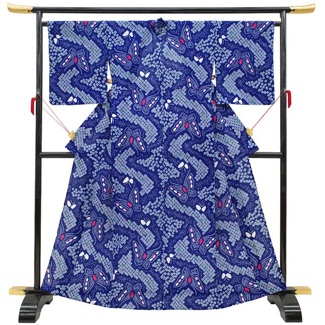 夏物 本場有松鳴海絞り 浴衣 有松 ゆかた 絞り 木綿 綿 青紺 蝶 夏 カジュアル 手縫い仕立て 有松絞り 夕涼み 花火大会 花火 お祭 仕立て上がり 身丈165 裄丈67 Ｌサイズ みやがわ sb 16557