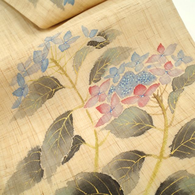 夏物 名古屋帯 リサイクル 九寸 麻 染色作家 桐谷紫香 手描き ベージュ 生成り色 紫陽花 アジサイ 花 夏 カジュアル 仕立て上がり みやがわ sb 54714 名古屋帯 帯