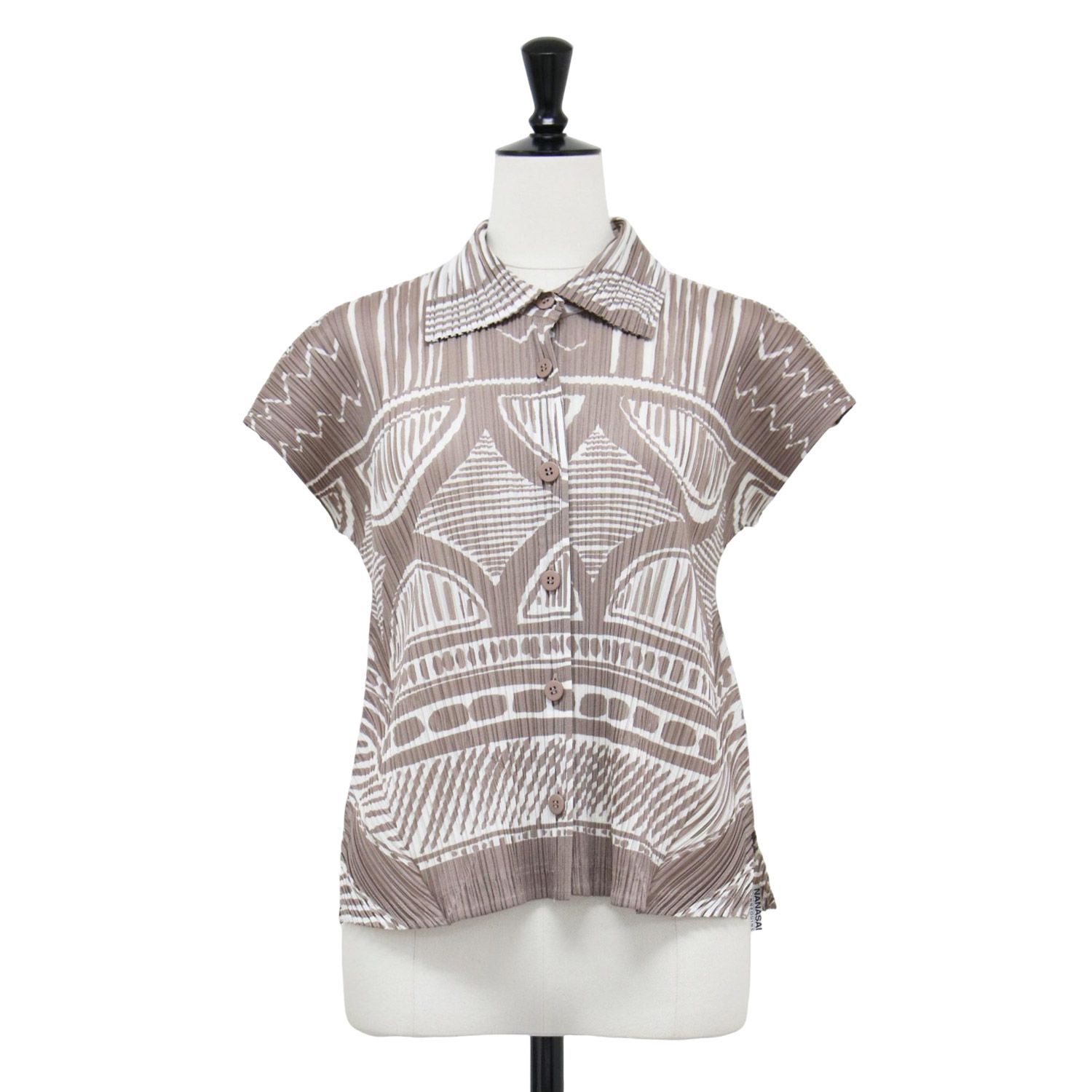 PLEATS PLEASE プリーツプリーズ シャツ ブラウン系 サイズ 3 L 総柄 プリーツ シャツ ブラウス フレンチスリーブ コンパクト トップス メンズ