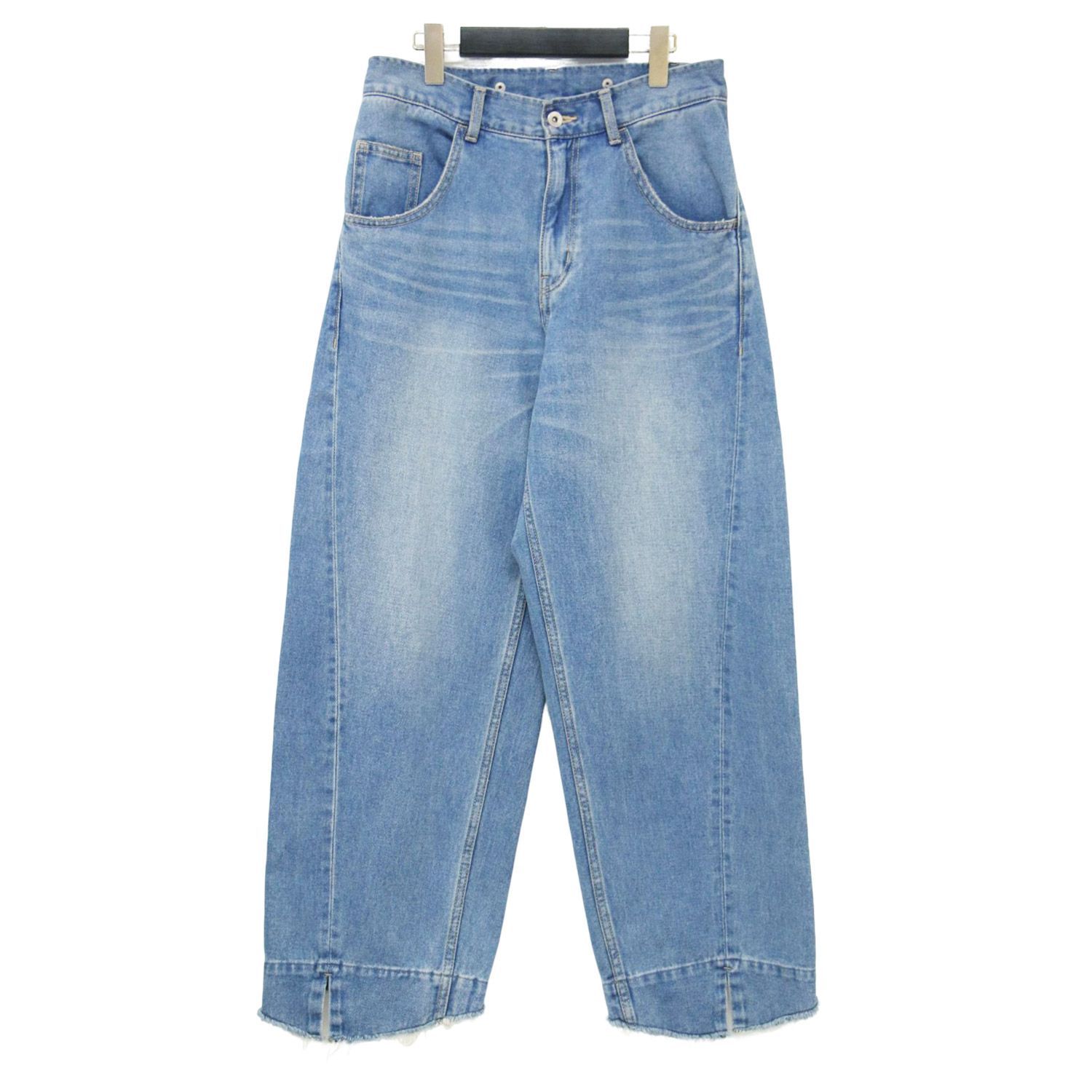 Adam et Rope アダムエロペ パンツ サックス サイズ 38 M 25春夏 ルーズフィット アジャスト デニムパンツ ワイドパンツ カーブシルエット 5ポケット フリンジ スリット ダメージ加工 ボトムス レディース