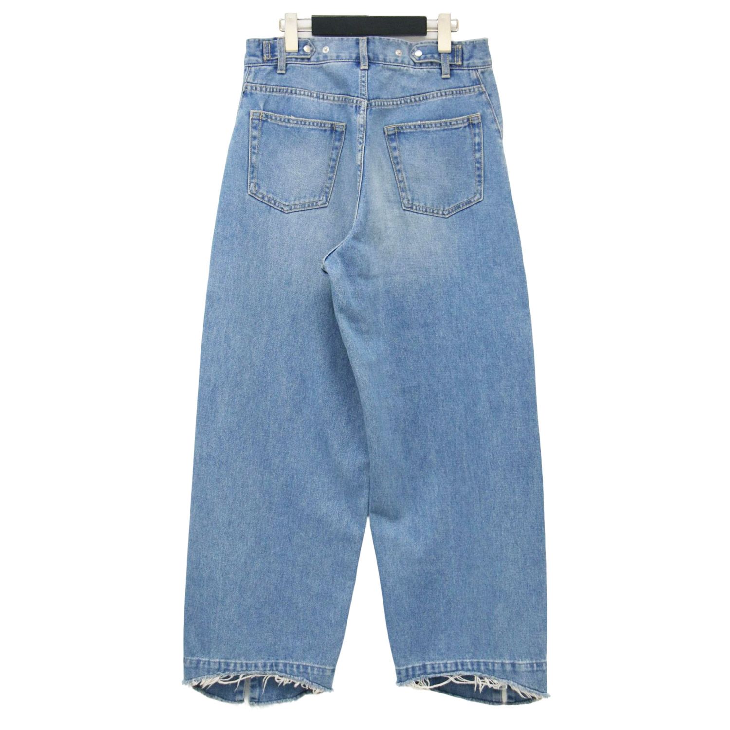 Adam et Rope アダムエロペ パンツ サックス サイズ 38 M 25春夏 ルーズフィット アジャスト デニムパンツ ワイドパンツ カーブシルエット 5ポケット フリンジ スリット ダメージ加工 ボトムス レディース