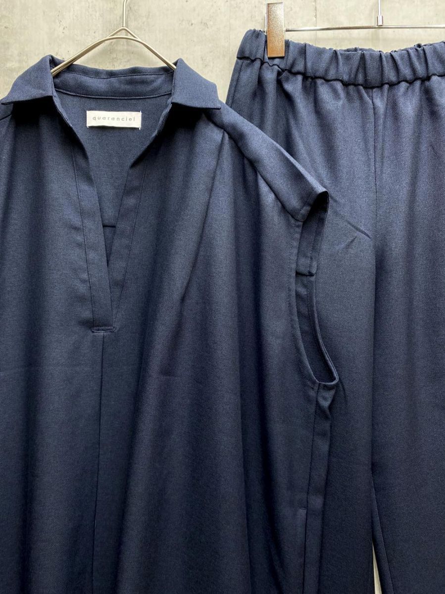 quaranciel カランシエル シップス リネン ライク スキッパー シャツ ワンピース＆パンツ セットアップ sizeF ネイビー レディース