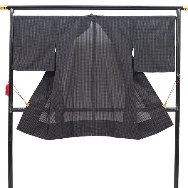 道中着 コート シースルーコート 単衣 正絹 京都 西陣織 黒 グレー 小格子 カジュアル 春 夏 秋 スリーシーズン 仕立て上がり 身丈103 裄丈68 Ｌサイズ 透け感 ハオリモノ みやがわ sb 16577