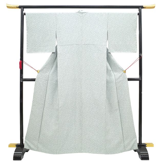 御召 着物 正絹 お召 袷 先染め 十二支 干支 花唐草 スカイグレイ 水色 よそ行き カジュアル 春 秋 冬 美しいデザイン ライトグレー くすみ 仕立て上がり 身丈166 裄丈66.5 Ｌサイズ みやがわ sb 16580