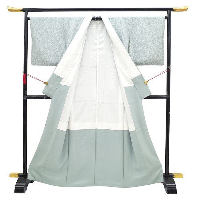  御召 着物 正絹 お召 袷 先染め 十二支 干支 花唐草 スカイグレイ 水色 よそ行き カジュアル 春 秋 冬 美しいデザイン ライトグレー くすみ 仕立て上がり 身丈166 裄丈66.5 Ｌサイズ みやがわ sb 16580 紬 着物