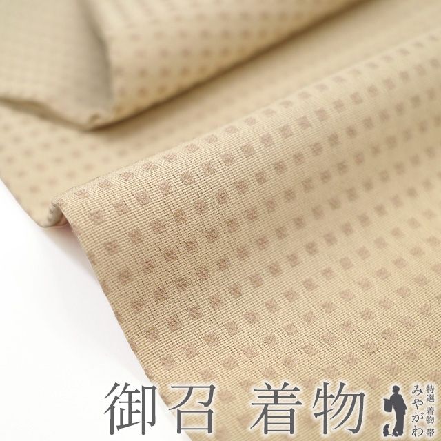 御召 着物 リサイクル 正絹 お召 袷 先染め 御衣 ベージュ 細かな スクエア 日本和装扱い カジュアル 春 秋 冬 裄長め パールトーン加工済み 仕立て上がり 身丈166 裄丈72 Ｌサイズ みやがわ sb 16581