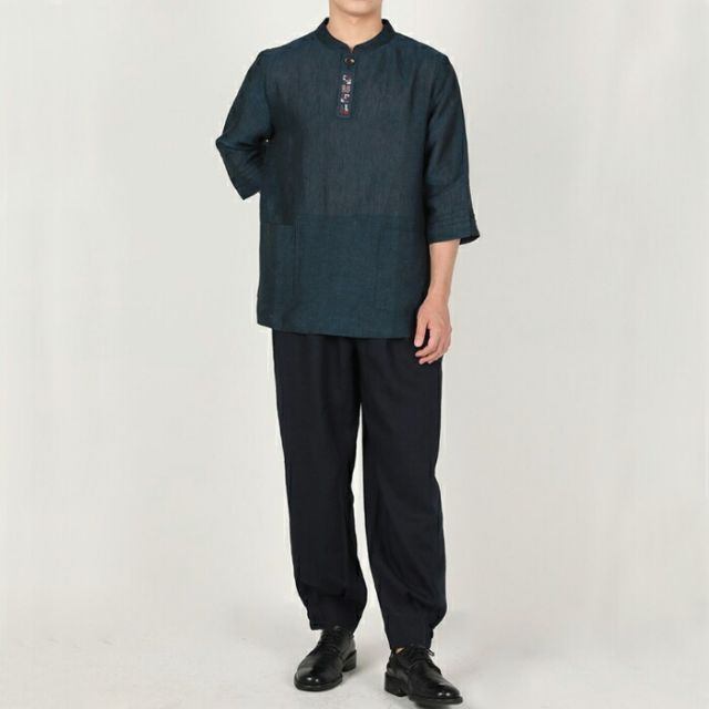 センファルチョゴリ ユニフォーム 男性用 七分丈シャツ紺 senfalcho-sm 50-1-s 麻シャツ メンズ 七分