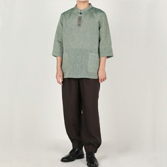 センファルチョゴリ ユニフォーム 男性用 七分丈シャツグリーン senfalcho-sm 50-2-s 麻シャツ メンズ 七分