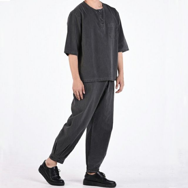 センファルチョゴリ ユニフォーム 男性用 半袖上下グレー senfalcho-sm 57-1-s 綿シャツ メンズ 半袖 長ズボン セットアップ 部屋着