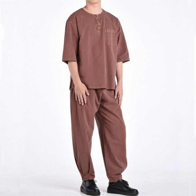 センファルチョゴリ ユニフォーム 男性用 半袖上下ブラウン senfalcho-sm 57-2-s 綿シャツ メンズ 半袖 長ズボン セットアップ 部屋着