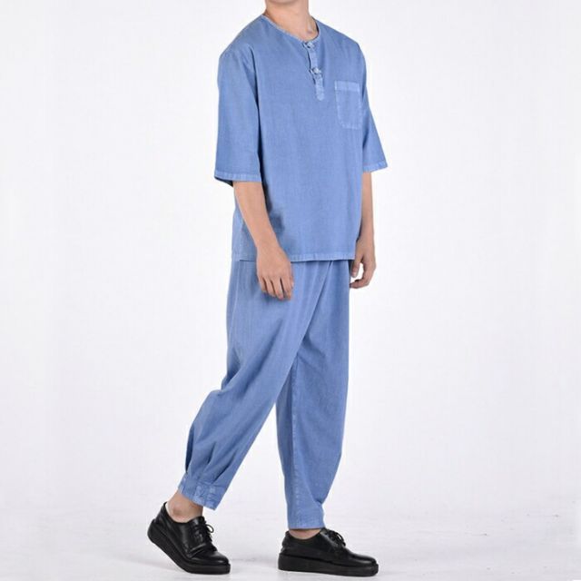 センファルチョゴリ ユニフォーム 男性用 半袖上下ライトブルー senfalcho sm 57 4 s 綿シャツ メンズ 半袖 長ズボン セットアップ 部屋着