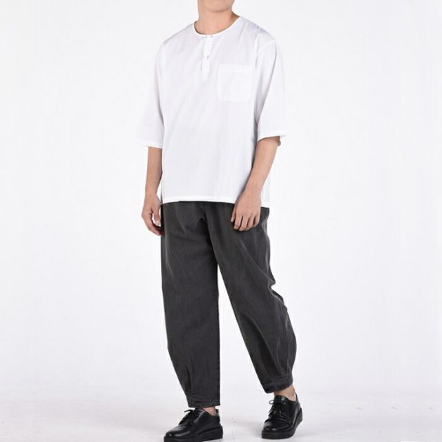  センファルチョゴリ ユニフォーム 男性用 半袖上下ブラックホワイト senfalcho-sm 57-6-s 麻シャツ メンズ 半袖 長ズボン その他 浴衣