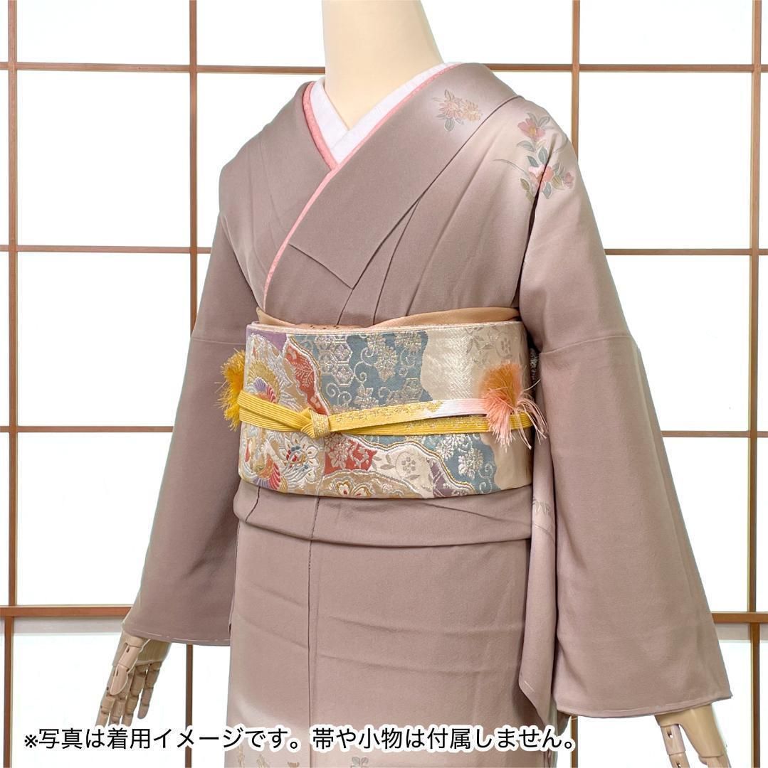 訪問着 蘇州刺繍 正絹 縮緬 華紋 草花 金銀彩 グレージュ 着物 kimonolove オゾン消臭サービス A 2090