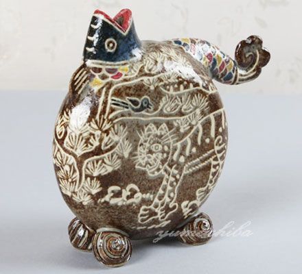 韓国有名陶芸家作 イギョンヒョン 鵲かささぎと虎松花器 touki 2 s ギフト お土産