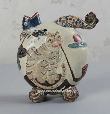 韓国有名陶芸家作 イギョンヒョン 鵲かささぎと虎花器 touki 3 s ギフト お土産