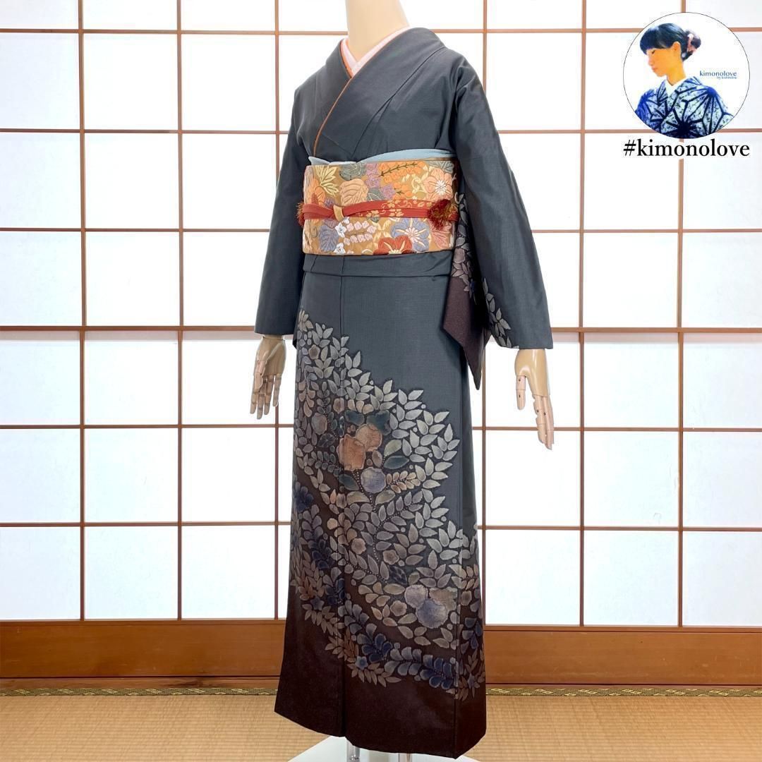 訪問着 染紬 正絹 辻が花紋 濃いグレー 着物 kimonolove リユース品 オゾン消臭サービス A 1497