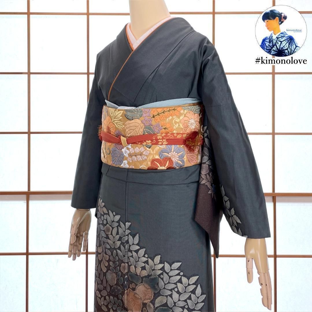 訪問着 染紬 正絹 辻が花紋 濃いグレー 着物 kimonolove リユース品 オゾン消臭サービス A 1497