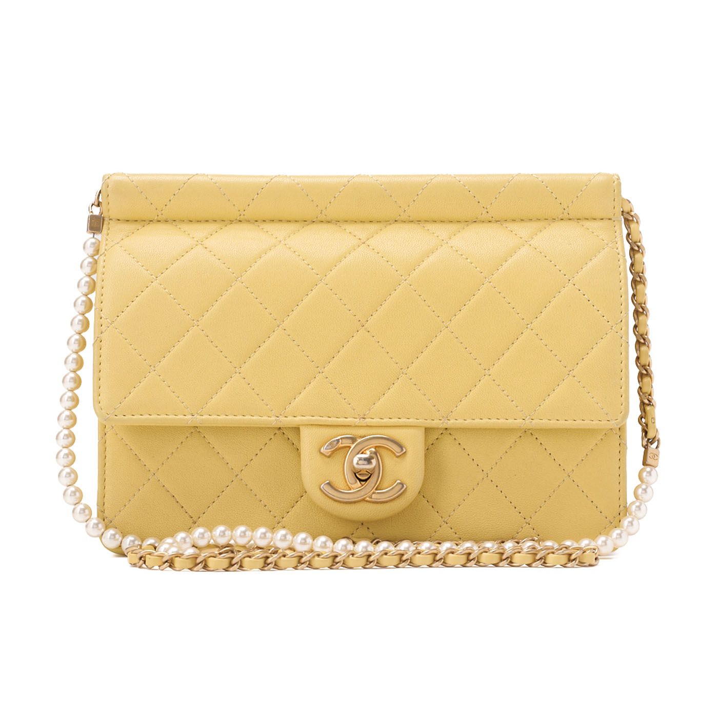 CHANEL シャネル チェーンウォレット マトラッセ パールチェーン ラムスキン イエロー ターンロック ゴールド金具 レディース