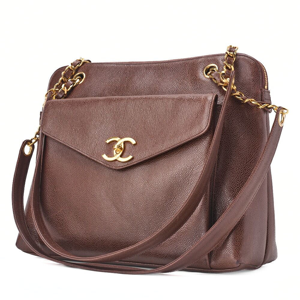 CHANEL シャネル ターンロック アウトサイドフラップ ショルダーバッグ キャビアスキン ブラウン ゴールド金具 レディースバッグ ハイブランド
