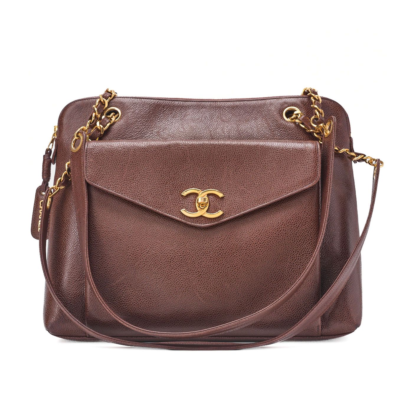 CHANEL シャネル ターンロック アウトサイドフラップ ショルダーバッグ キャビアスキン ブラウン ゴールド金具 レディースバッグ ハイブランド