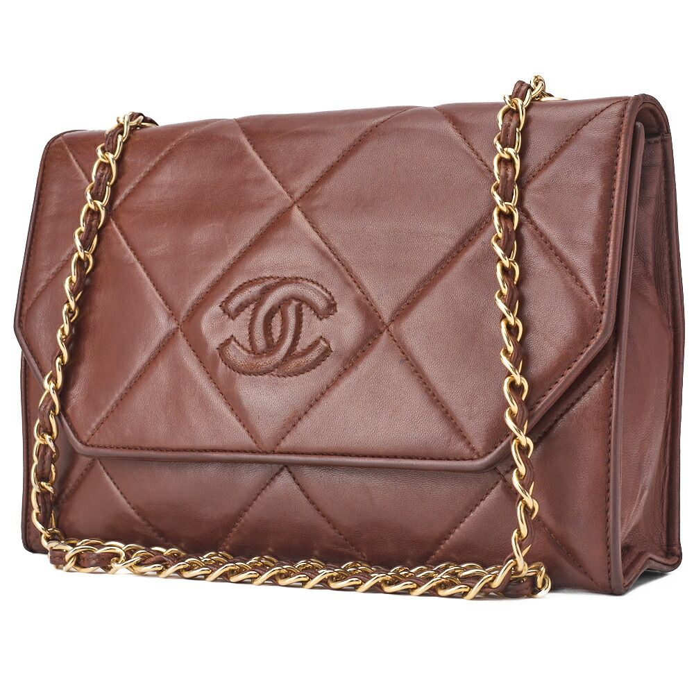 CHANEL シャネル チェーンショルダー ラムスキン ブラウン ココマーク フルフラップ プッシュロック ゴールド金具 レディース