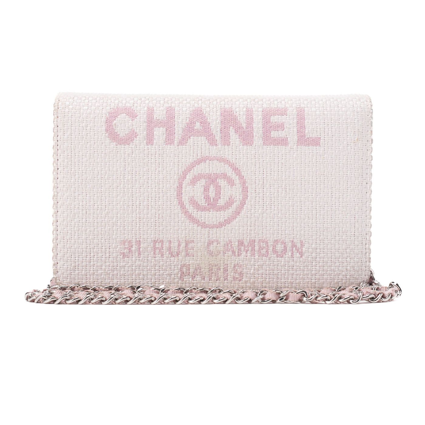 CHANEL シャネル ドーヴィル チェーンウォレット ストロー×ラムスキン ピンク シルバー金具 プッシュロック ココマーク ブランド
