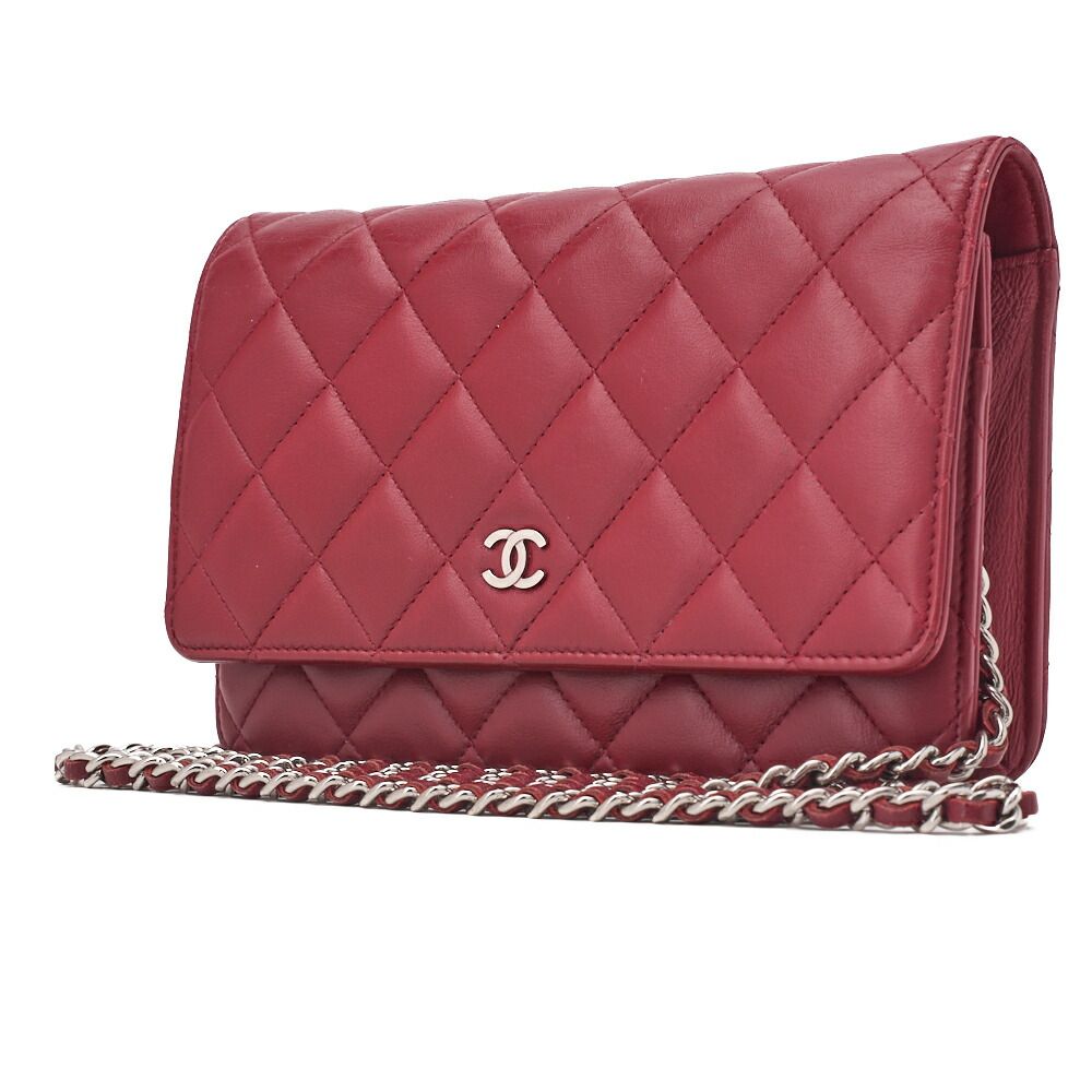 CHANEL シャネル マトラッセ チェーンウォレット ラムスキン 赤 シルバー金具 プッシュロック ココマーク ブランド