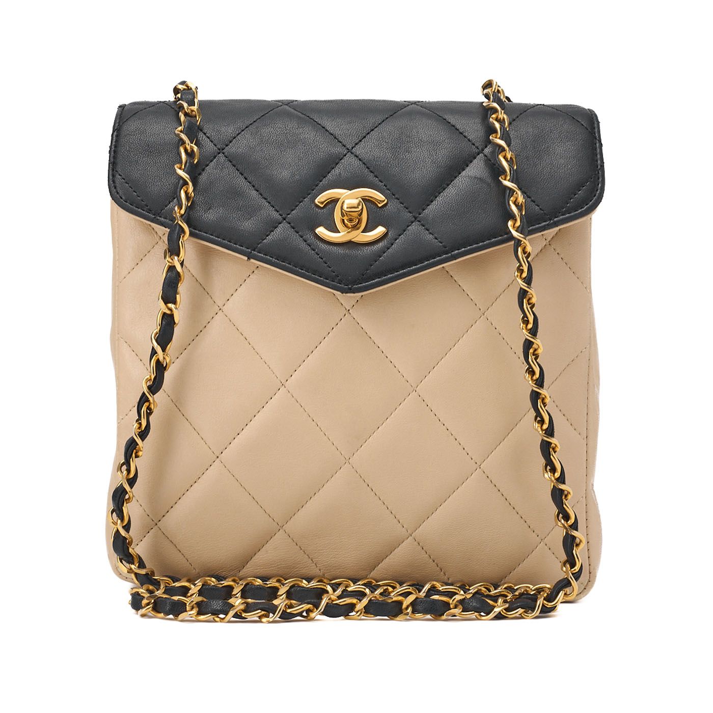 CHANEL シャネル チェーンショルダーバッグ マトラッセ ラムスキン バイ Vフラップ ベージュ×ネイビー ゴールド金具 レディースバッグ ブランド