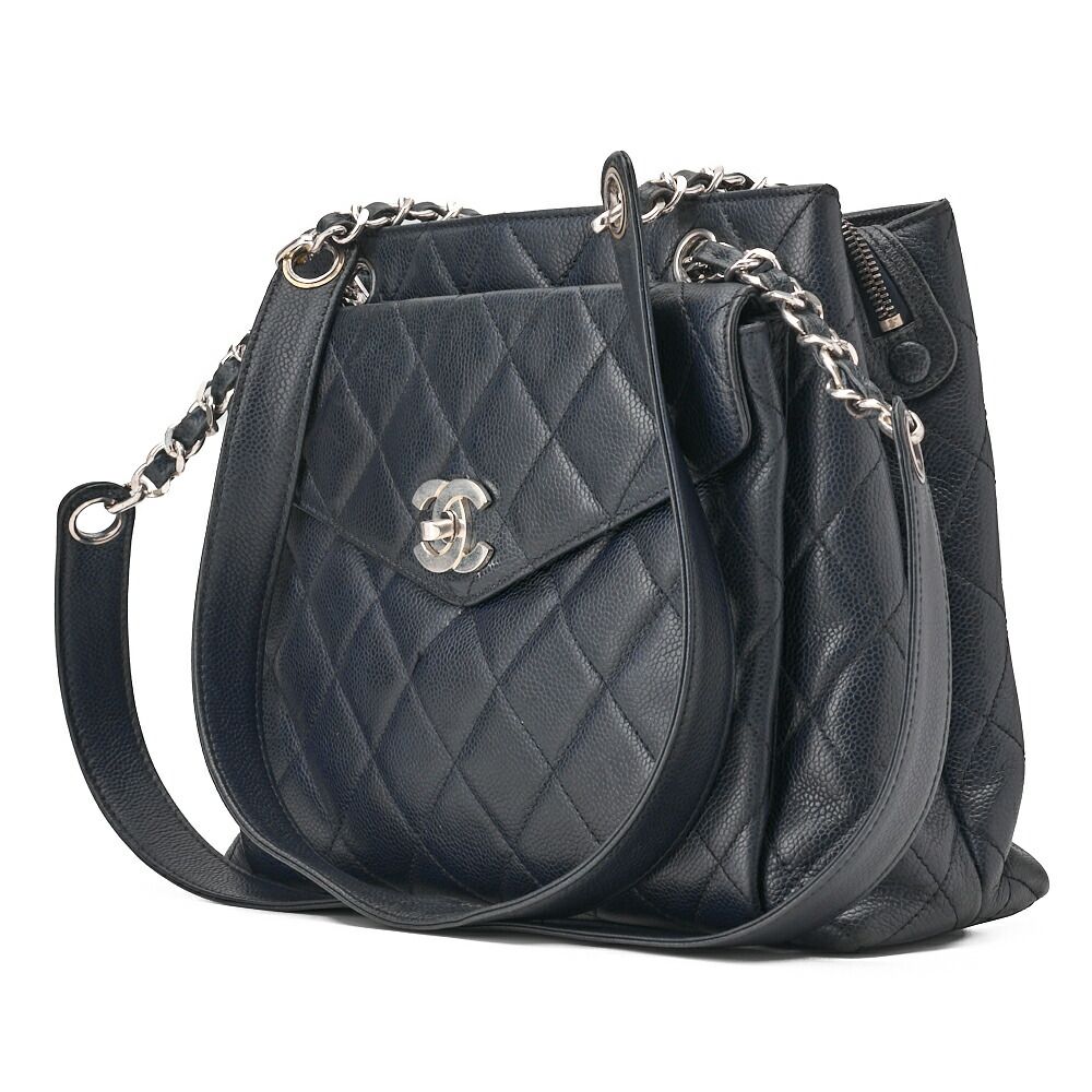 CHANEL シャネル マトラッセ アウトサイドフラップ ショルダーバッグ キャビアスキン ネイビー シルバー金具 レディースバッグ ハイブランド