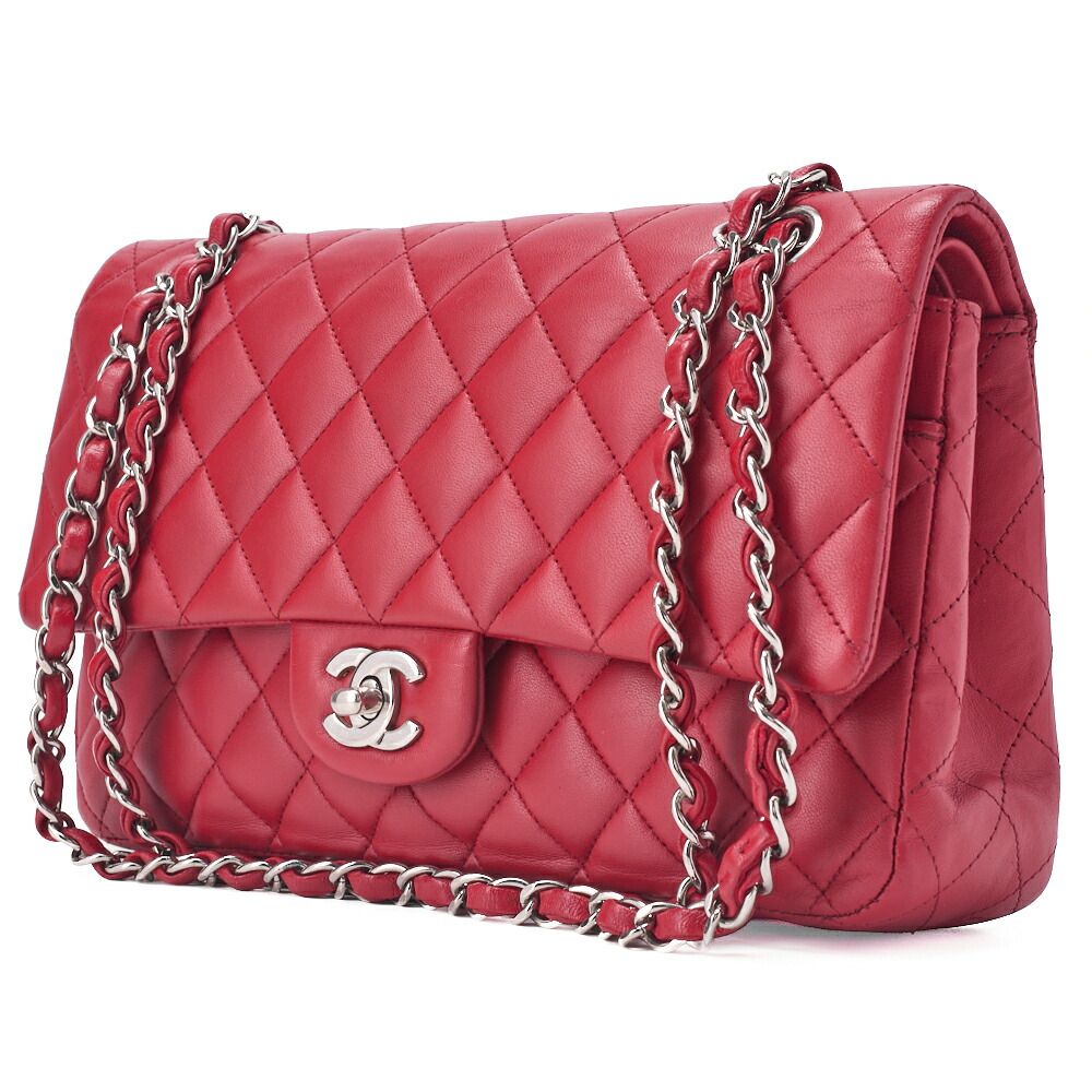 CHANEL シャネル チェーンショルダーバッグ マトラッセ ラムスキン 赤 シルバー金具 ダブルフラップ25 ターンロック ブランド