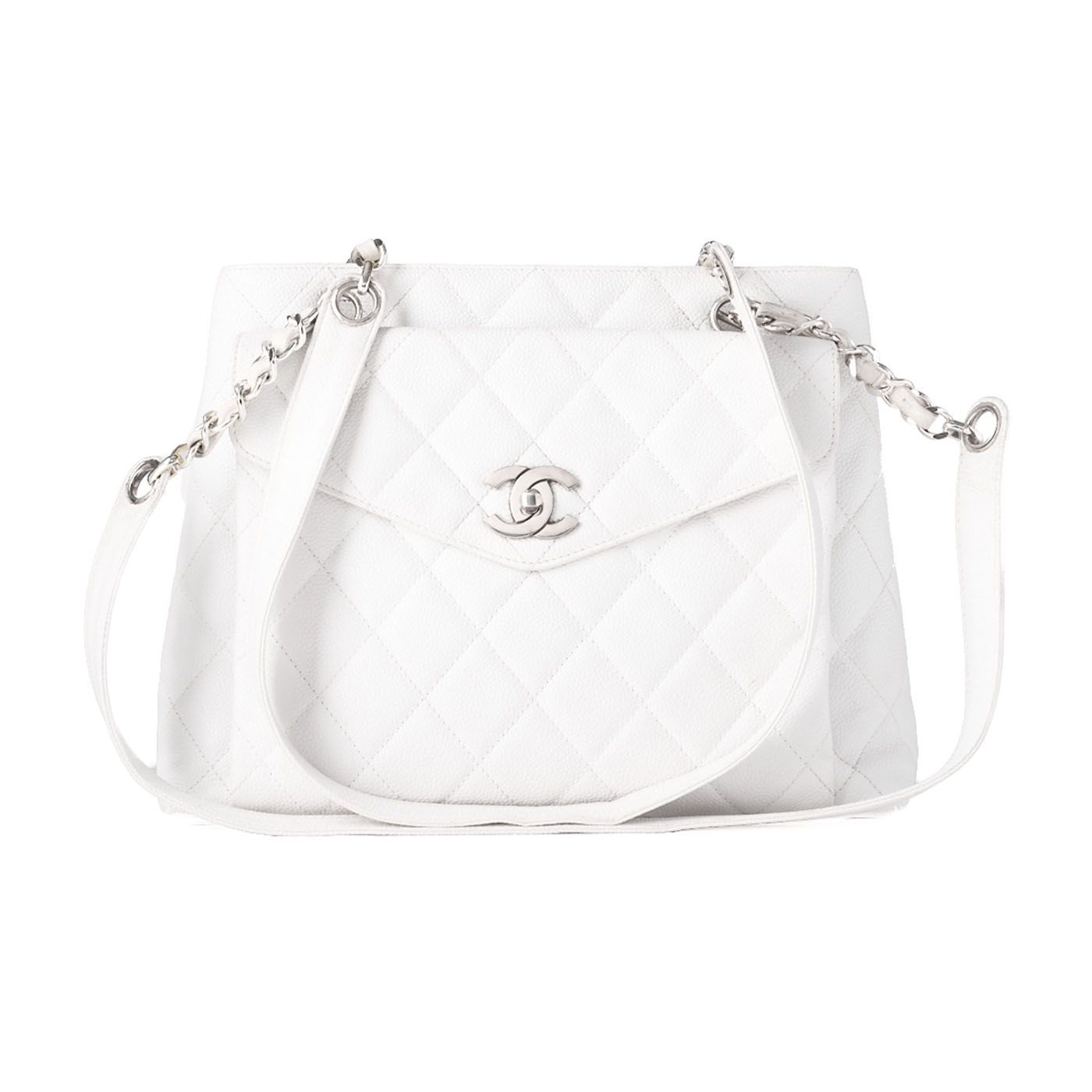 CHANEL シャネル チェーンショルダーバッグ トートバッグ アウトサイドフラップ キャビアスキン ホワイト シルバー金具 レディース ハイブランド