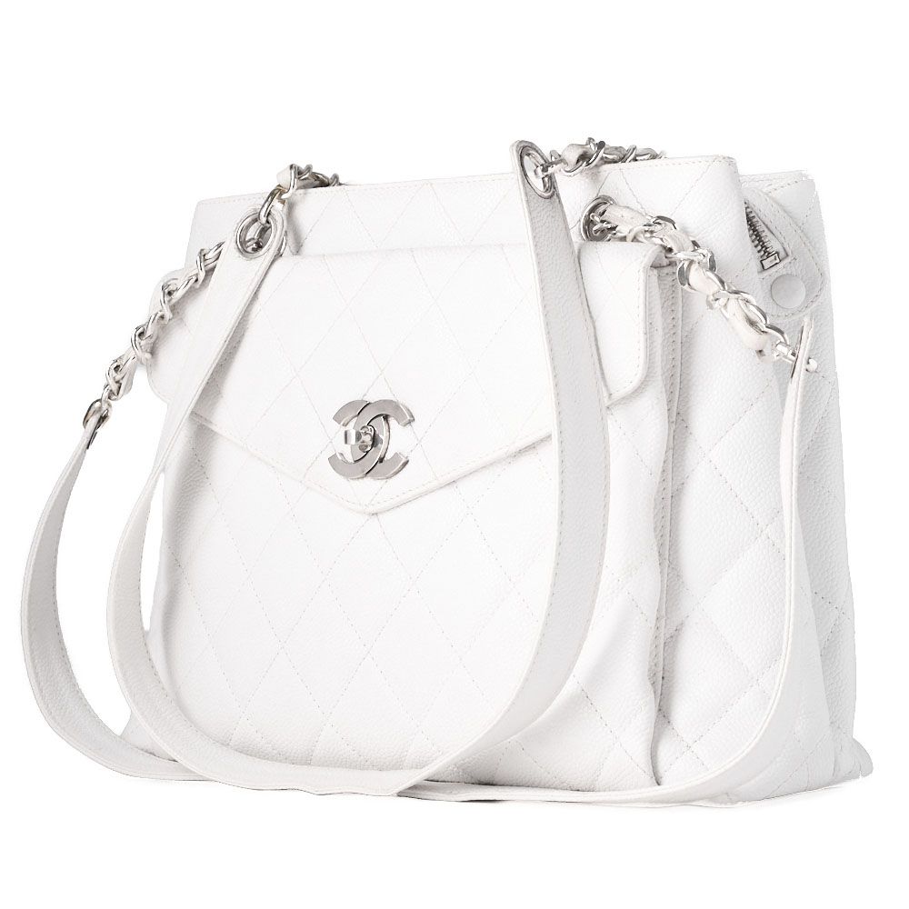 CHANEL シャネル チェーンショルダーバッグ トートバッグ アウトサイドフラップ キャビアスキン ホワイト シルバー金具 レディース ハイブランド
