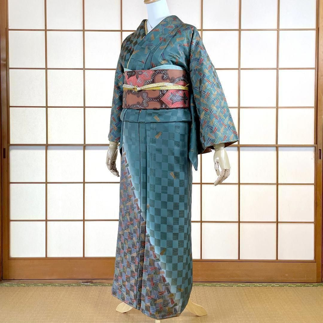 訪問着 着物 正絹 丹後ちりめん 市松 扇 青緑色 kimonolove オゾン消臭サービス A 0546