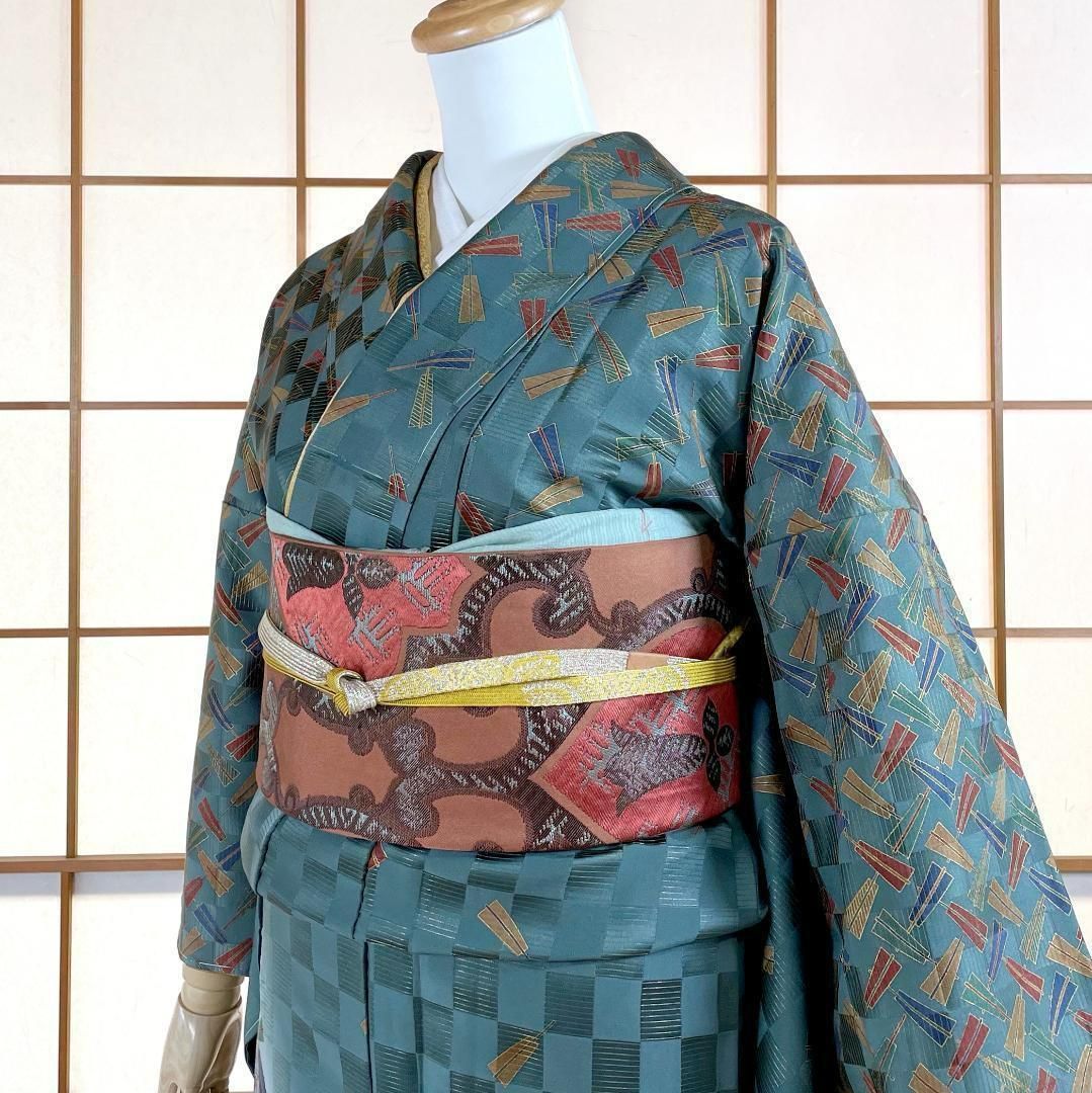訪問着 着物 正絹 丹後ちりめん 市松 扇 青緑色 kimonolove オゾン消臭サービス A-0546