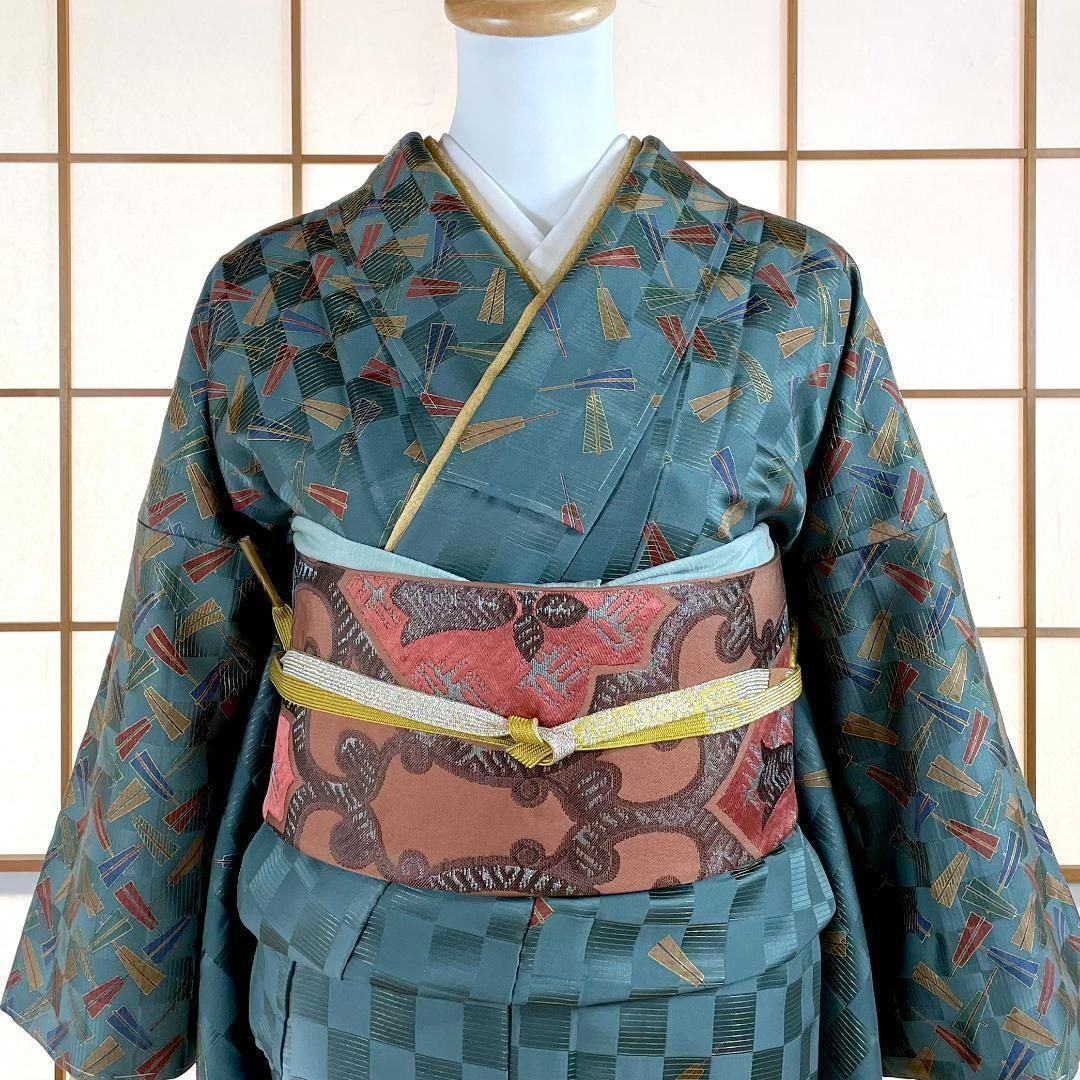  訪問着 着物 正絹 丹後ちりめん 市松 扇 青緑色 kimonolove オゾン消臭サービス A-0546 訪問着 付け下げ 着物