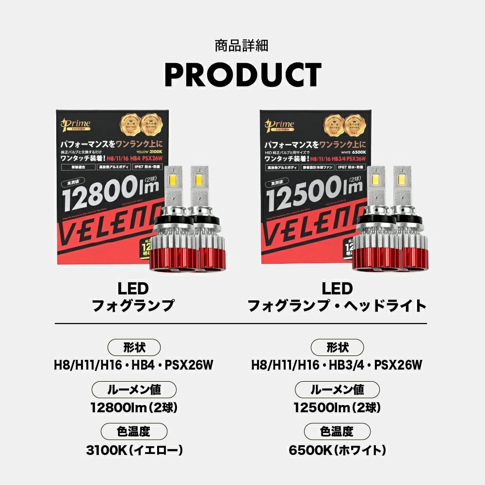 LED フォグランプ VELENO 実測値 12800lm イエロー / 12500lm ホワイト