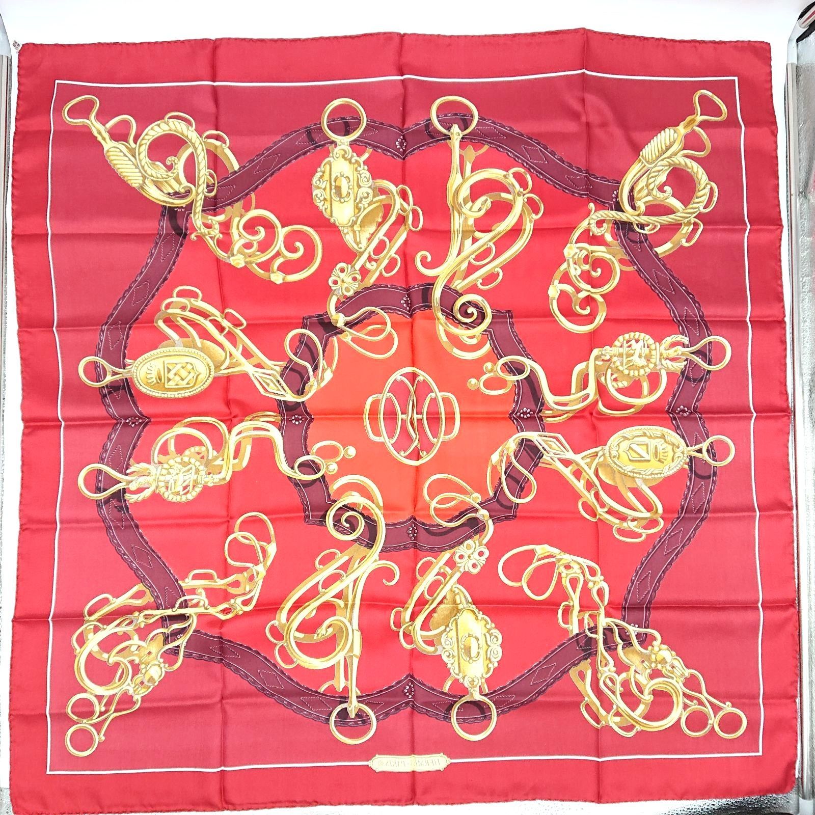 HERMES エルメス カレ90 リフトプロフィール Lift Profile スカーフ レッド シルク