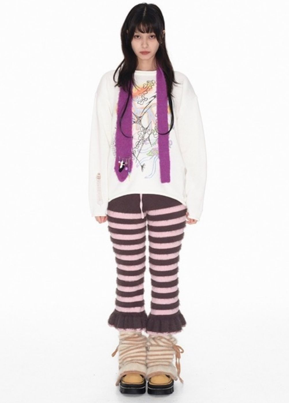 YOUTHBATH Fluffy stripe cropped knit pants