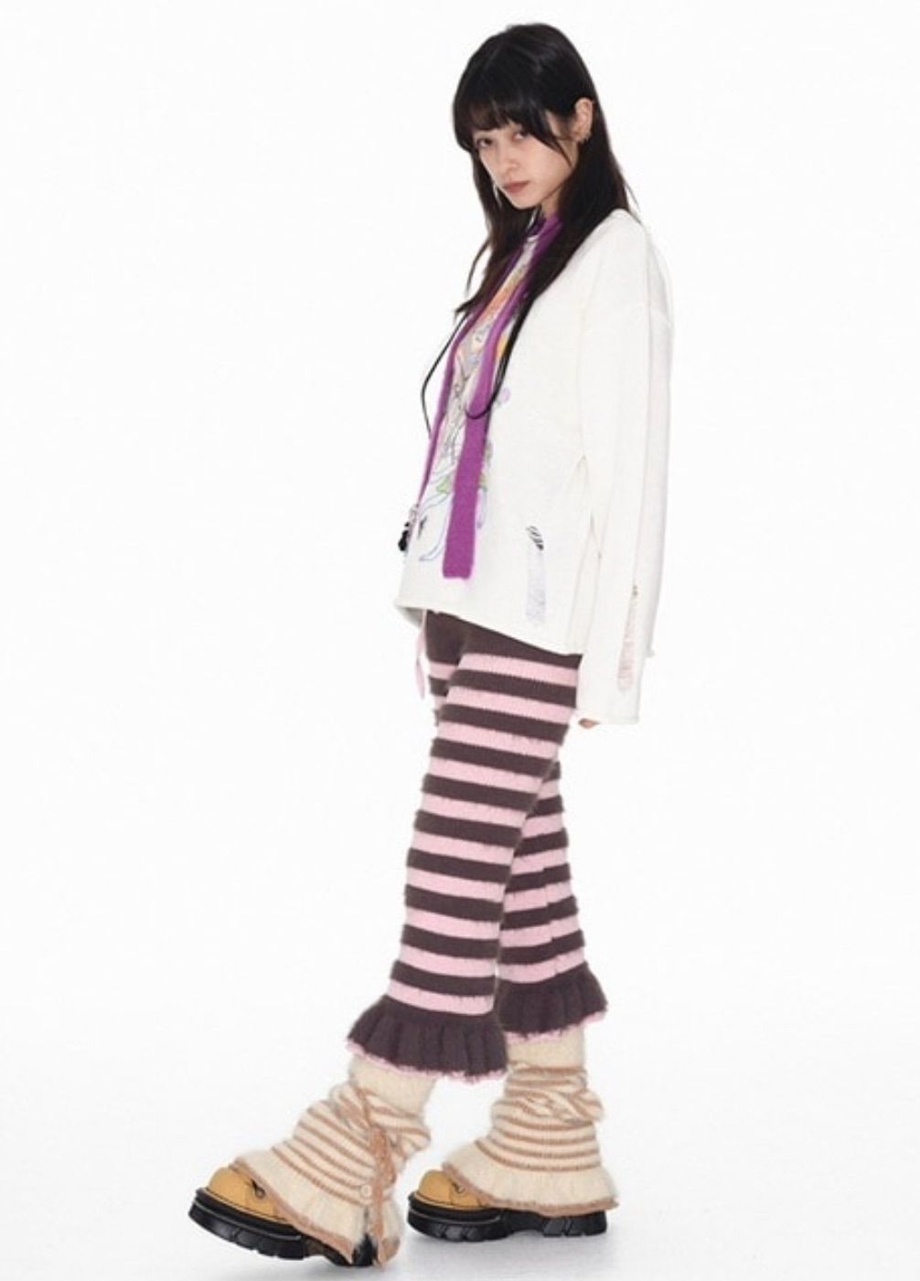 YOUTHBATH Fluffy stripe cropped knit pants