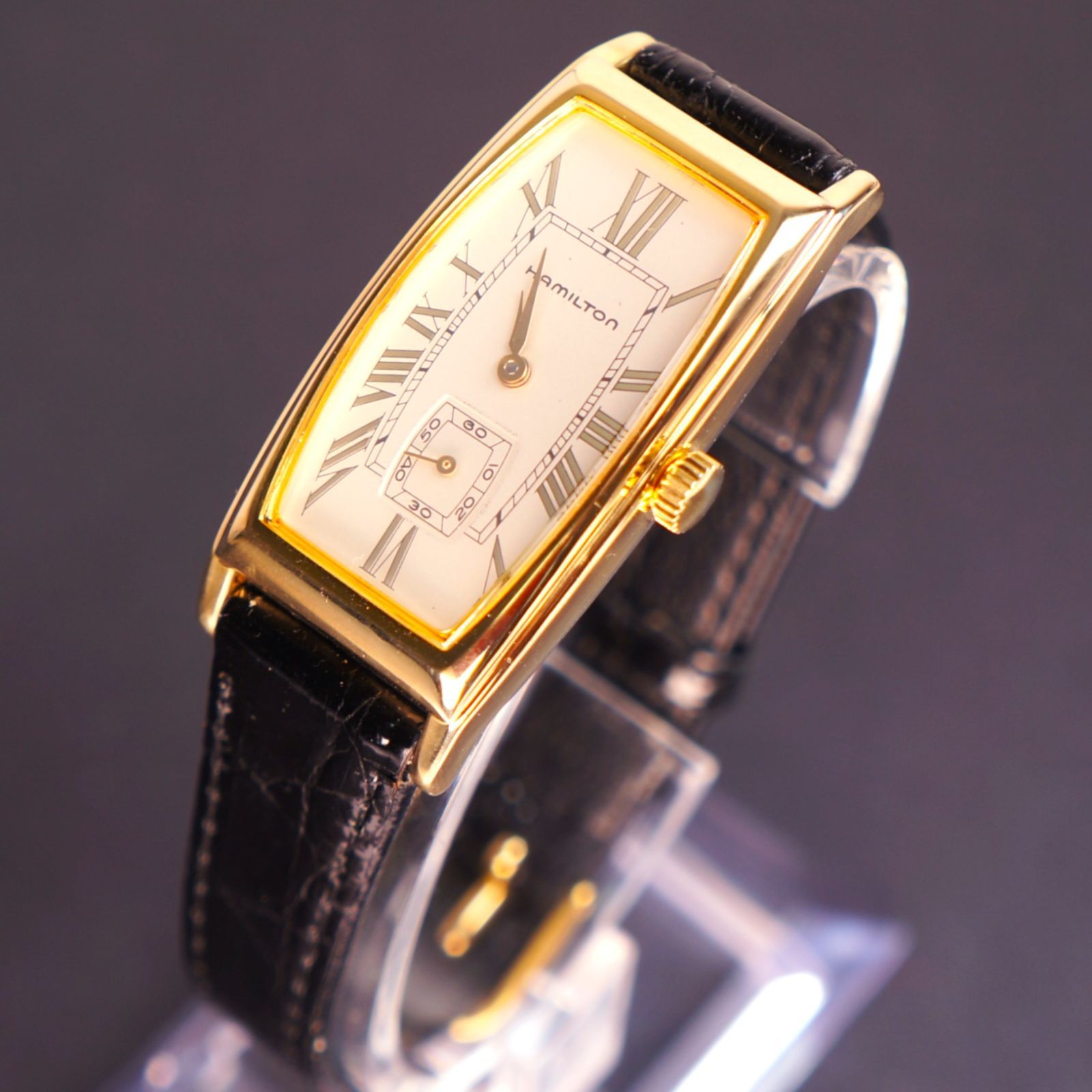 稼働 HAMILTON カーライル 6254 ワニ革ベルト 電池交換済