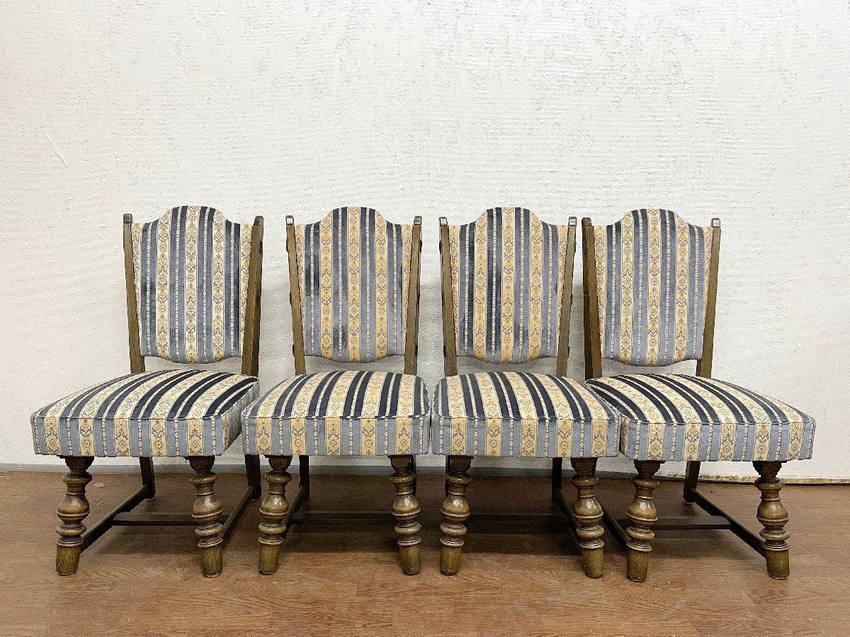 神戸洋家具伊藤家具 英国アンティーク調 81型ダイニングチェア4脚セット 椅子 オーク材 ブルー系 クラシック 貝1284